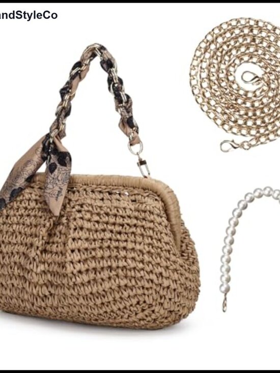 Handbags - Straw Dumpling Clutch Crossbody Bag with Pearl Chain and Silk Scarf Chain